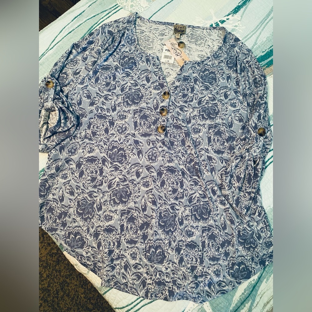 Como Vintage Blue Mandarin Collar Blouse